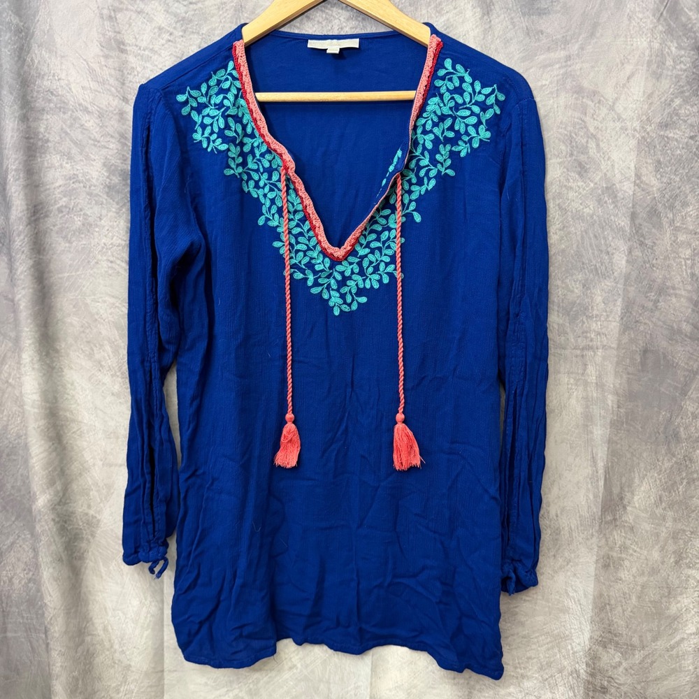 La Blanca Blue Embroidered Tassel Swim Cover Up Tunic XS